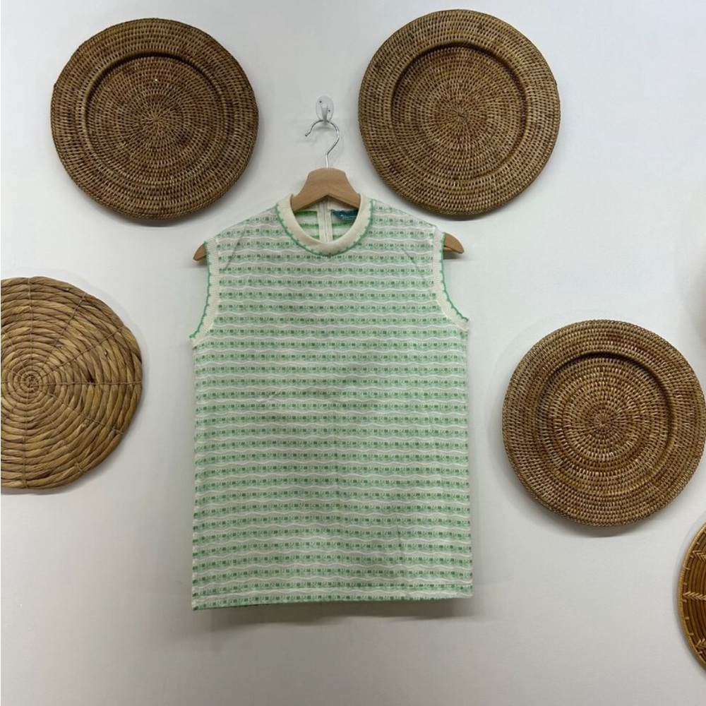 Vintage Retro 70s Catalina Green White Dainty Floral Collared Knit Tank Top M